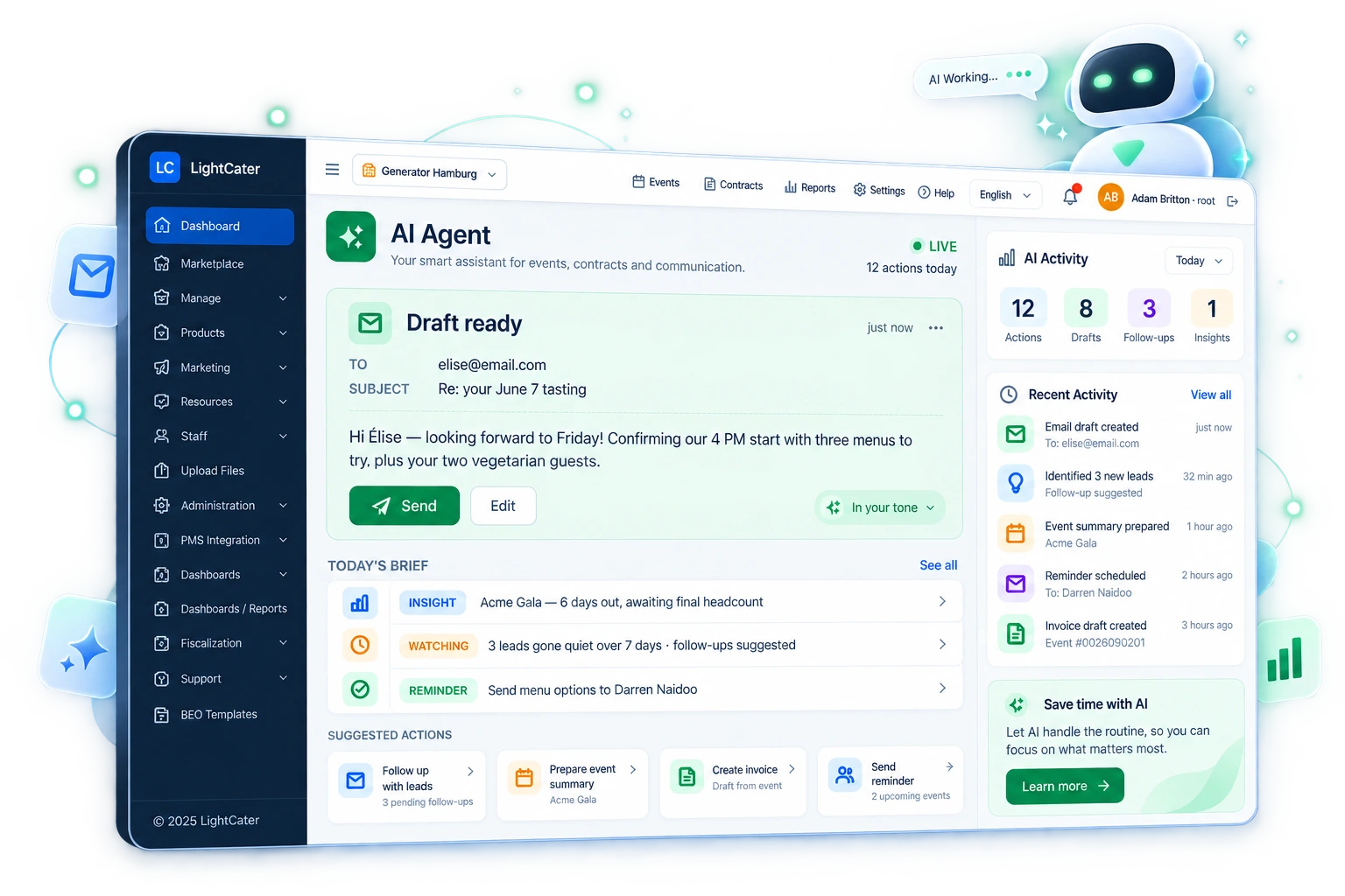 LightCater AI Agent dashboard showing automated email drafts, daily insights, suggested actions, and recent activity