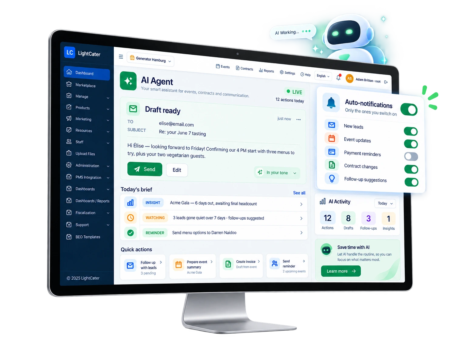 LightCater AI Agent dashboard showing automated email drafts, daily insights, suggested actions, and recent activity