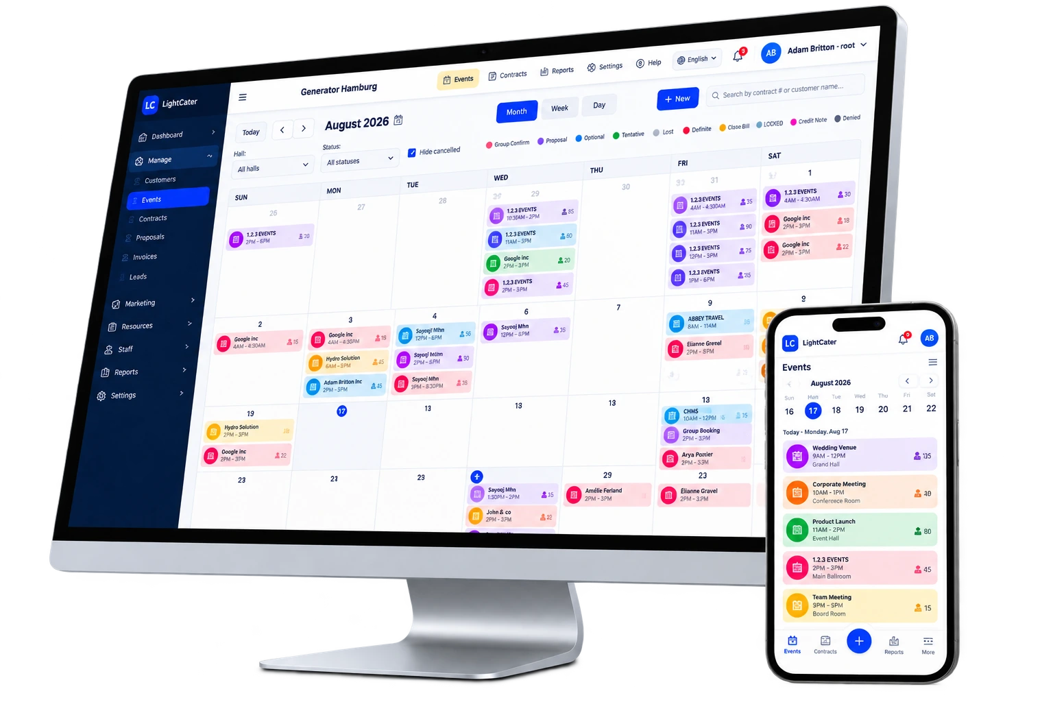 LightCater event calendar shown on desktop and tablet