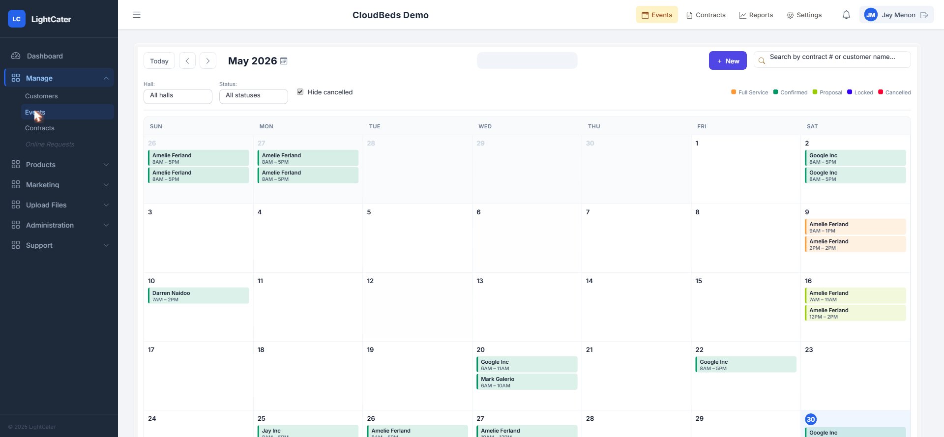 Calendario mensual de LightCater mostrando las reservas y bloqueos en los salones codificados por estado