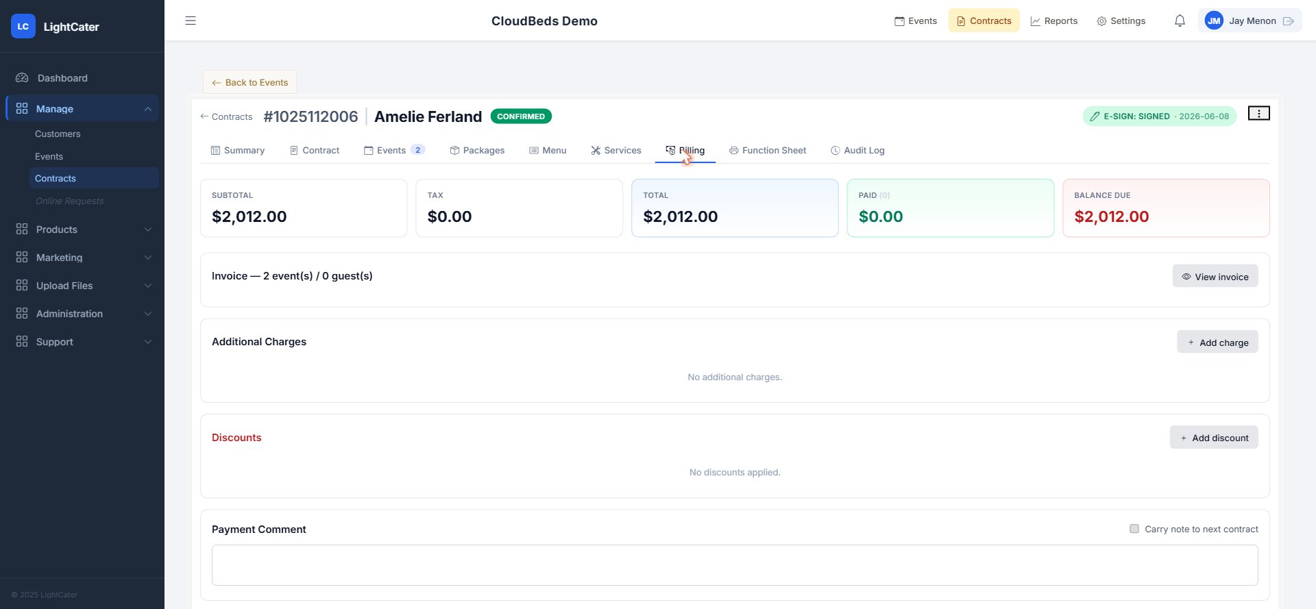 Facture LightCater affichant acompte, solde et statut du paiement par carte en ligne