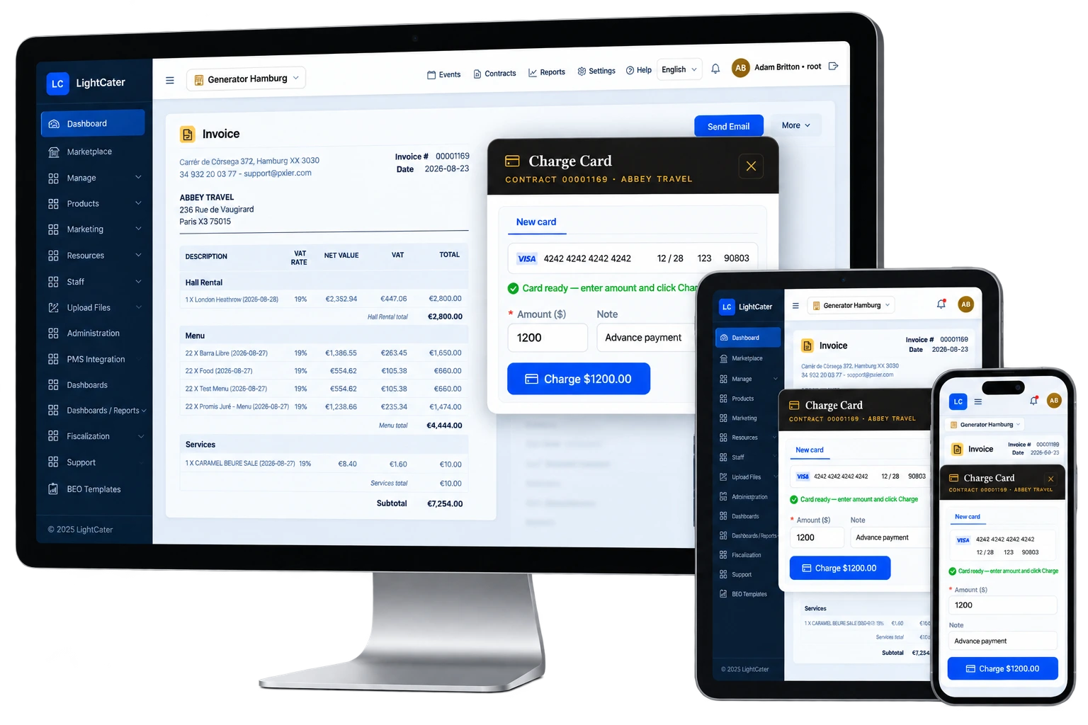 LightCater invoice showing deposit, balance and online card payment status