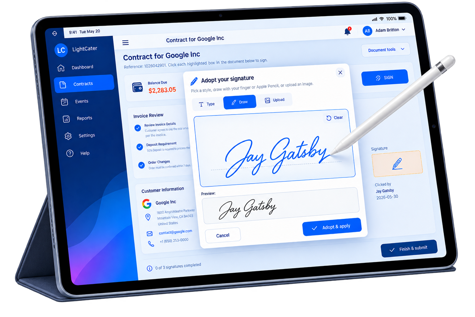 LightCater event contract with e-signature shown on desktop and tablet