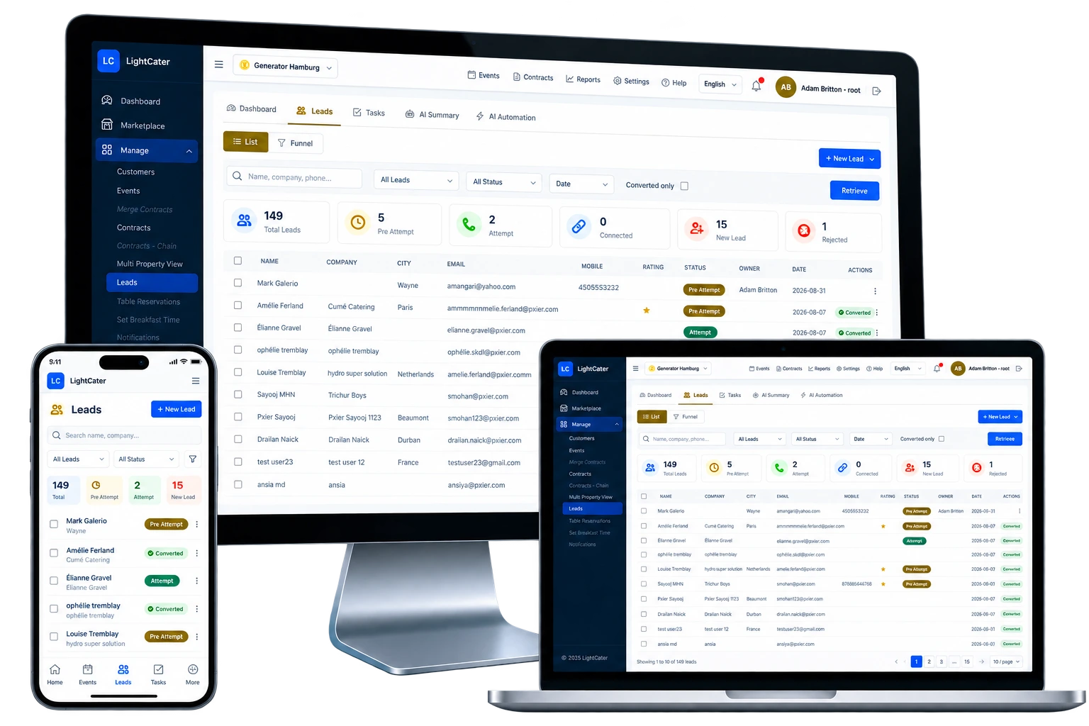 Customer profile showing contact details, event history, recent activity, follow-up information, and lifetime value