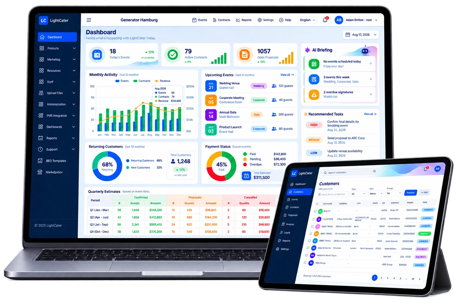 LightCater customer CRM shown on desktop and tablet