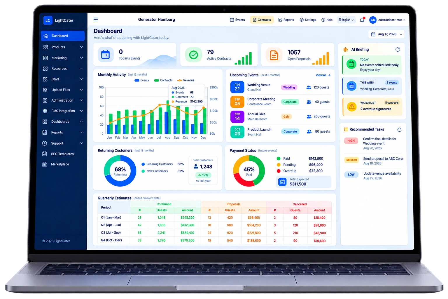 LightCater dashboard and custom reports for event revenue and bookings