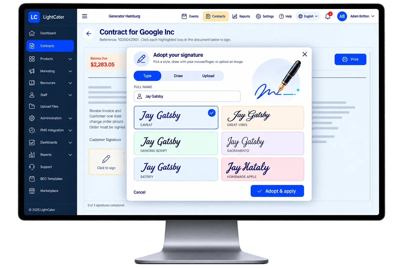 LightCater e-signature flow showing sent, opened and signed status with captured signature and timestamp