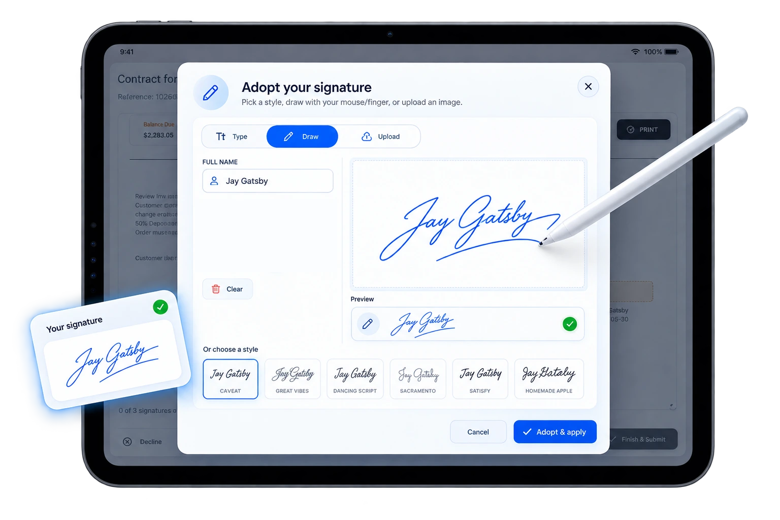 LightCater e-signature flow showing sent, opened and signed status with captured signature and timestamp