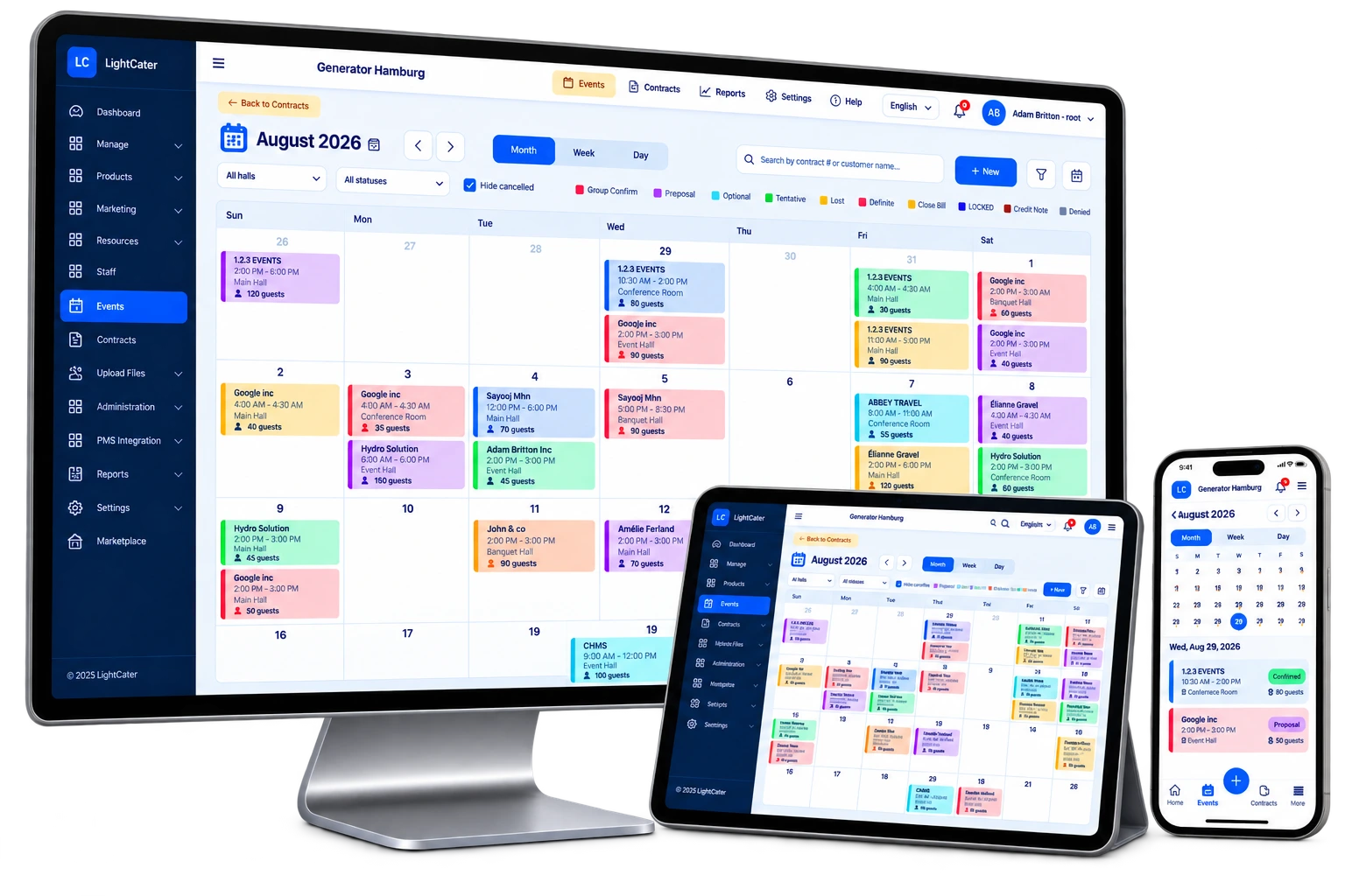 LightCater event calendar with day, week and month views colour-coded by event type