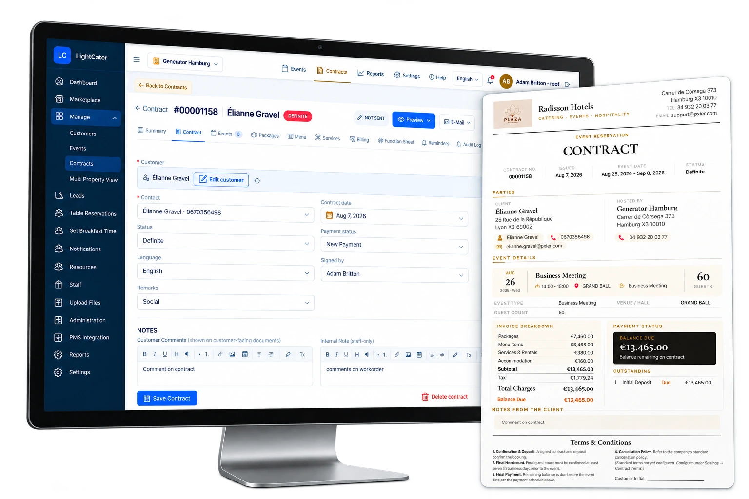 LightCater event invoice printable preview with itemised charges, gratuity, taxes and paid status