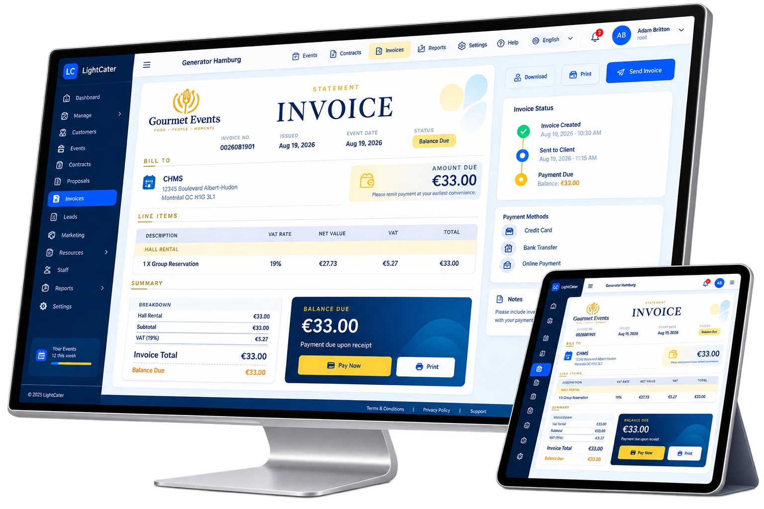 LightCater event invoice shown on desktop and tablet