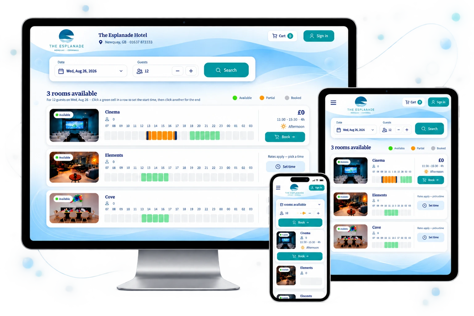 LightCater online booking interface showing event room availability and reservation options