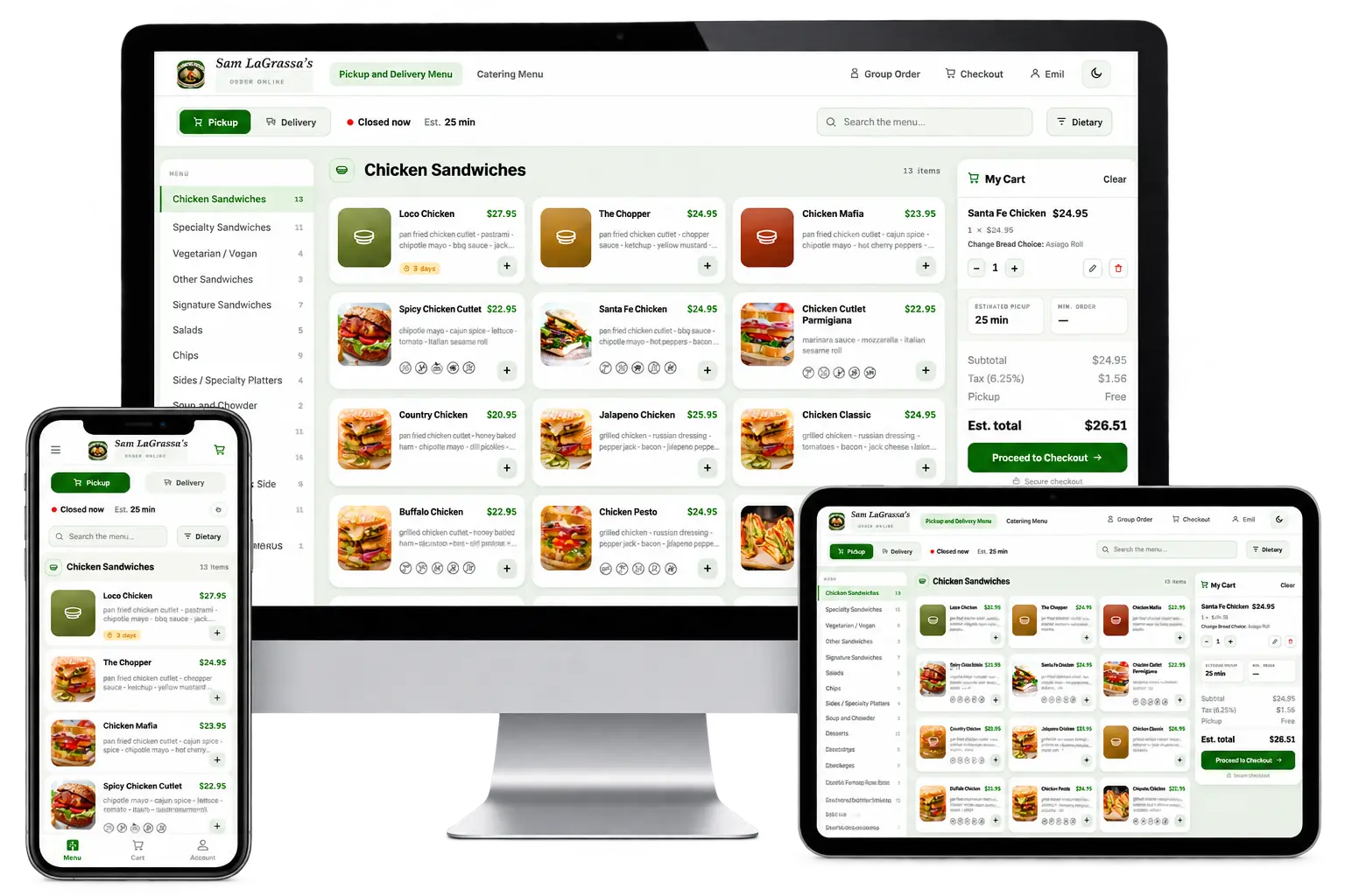 LightCater online ordering storefront on desktop, tablet and phone with menu, allergen filter and cart