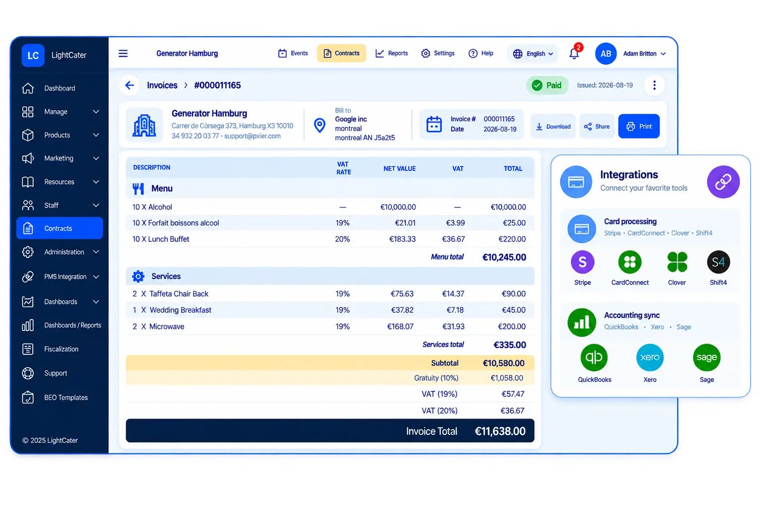 Card processing and accounting integrations including Stripe, CardConnect, Clover, Shift4, QuickBooks, Xero, and Sage