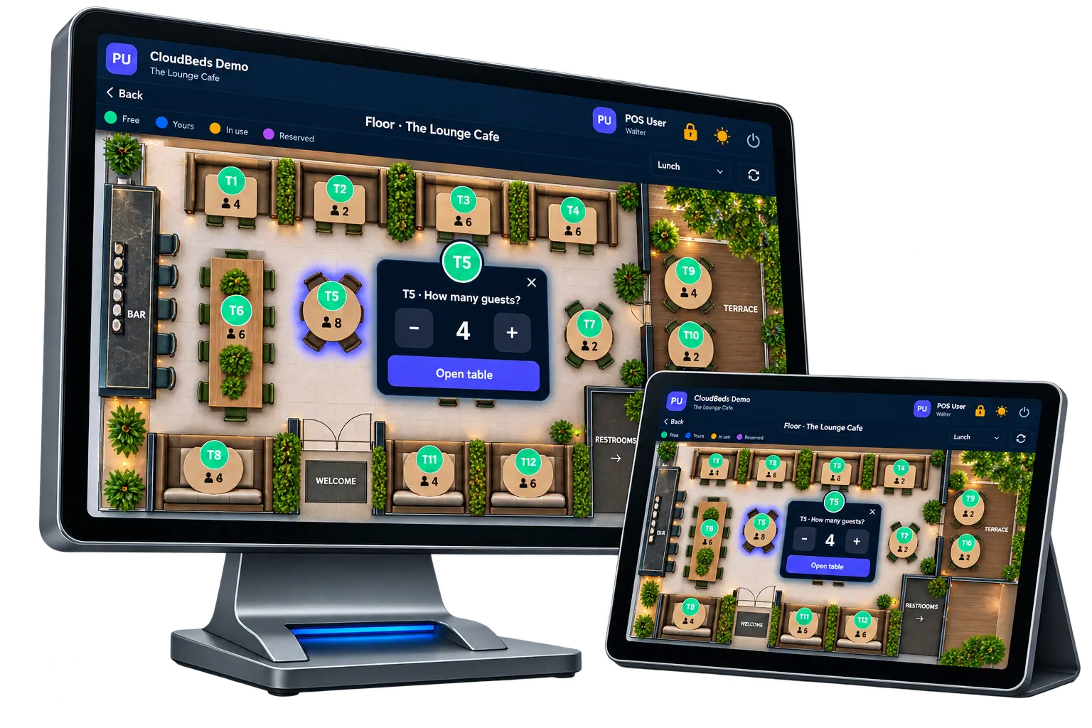 Saalplan des Restaurant-Kassensystems mit Live-Status der Tische