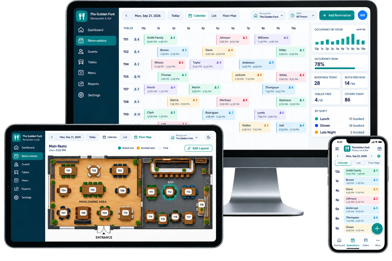 Kalender-, Listen- und Saalplan-Ansichten der Tischreservierung
