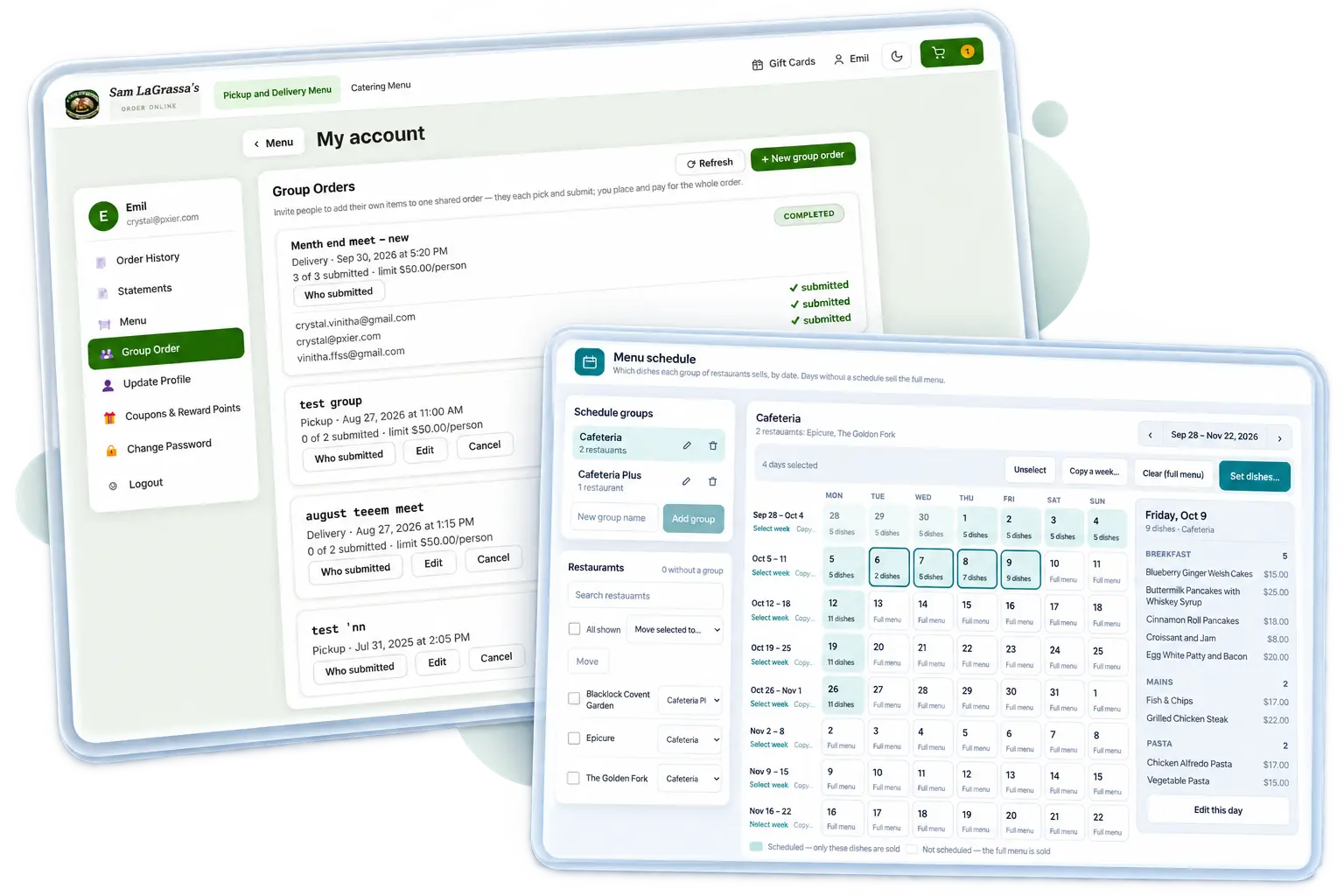 Restaurant ordering platform with group orders and menu scheduling dashboards